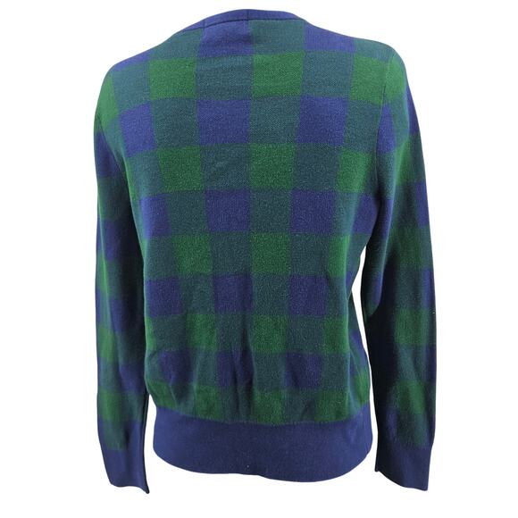 Land’s End 100% Cotton Navy Blue And Green Plaid Cardigan Womens M Preppy 3835 - Picture 2 of 7